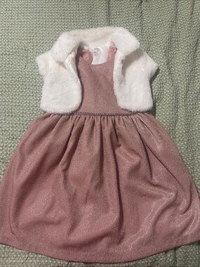 Tahari Pink Shimmer Party Dress with White Faux Fur Bolero
